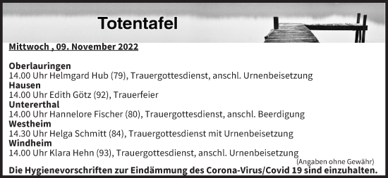 Anzeige von Totentafel vom 09.11.2022 von MGO