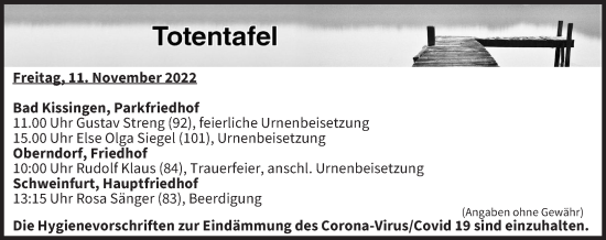 Anzeige von Totentafel vom 11.11.2022 von MGO
