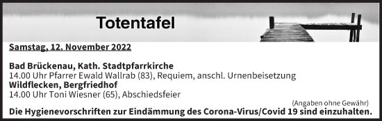 Anzeige von Totentafel vom 12.11.2022 von MGO
