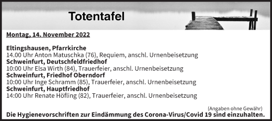 Anzeige von Totentafel vom 14.11.2022 von MGO