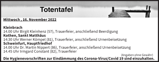 Anzeige von Totentafel vom 16.11.2022 von MGO
