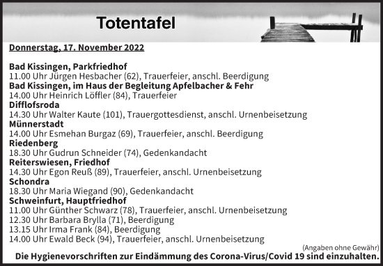 Anzeige von Totentafel vom 17.11.2022 von MGO