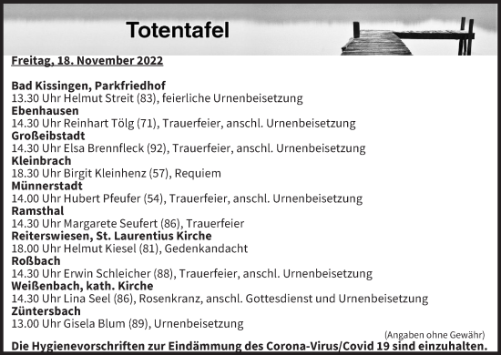 Anzeige von Totentafel vom 18.11.2022 von MGO