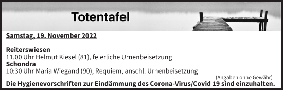 Anzeige von Totentafel vom 19.11.2022 von MGO
