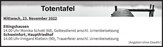 Anzeige von Totentafel vom 23.11.2022 von MGO