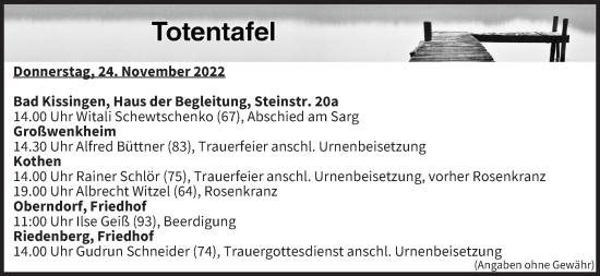 Anzeige von Totentafel vom 24.11.2022 von MGO