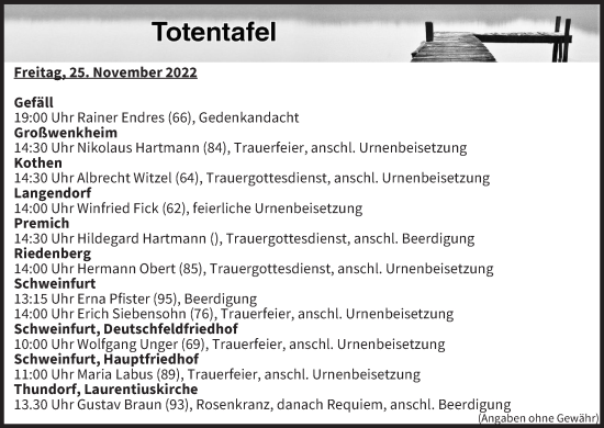 Anzeige von Totentafel vom 25.11.2022 von MGO
