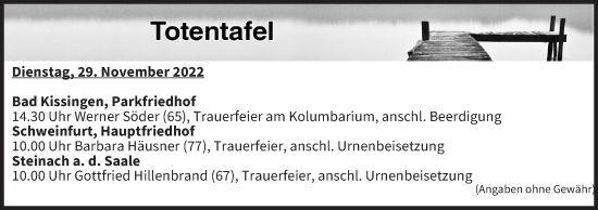 Anzeige von Totentafel vom 29.11.2022 von MGO