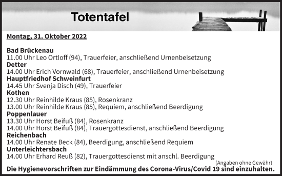 Anzeige von Totentafel vom 31.10.2022 von MGO