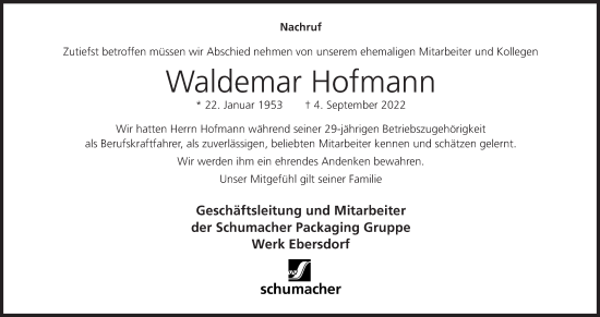 Anzeige von Waldemar Hofmann von MGO