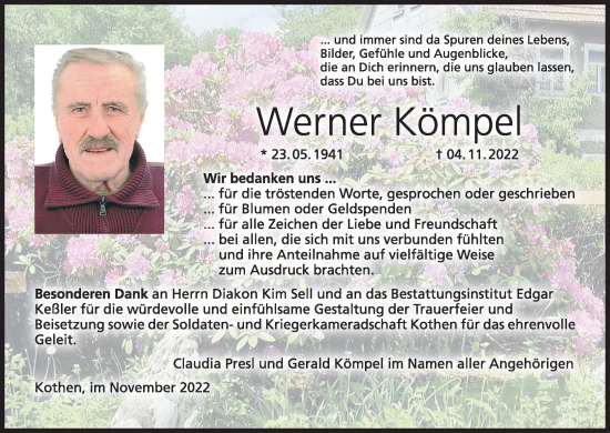 Anzeige von Werner Kömpel von MGO