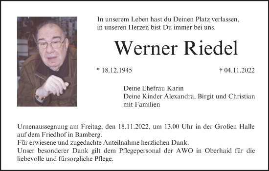 Anzeige von Werner Riedel von MGO