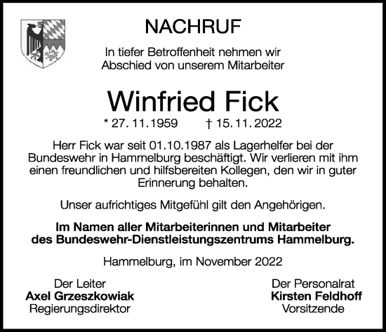 Anzeige von Winfried Fick von MGO