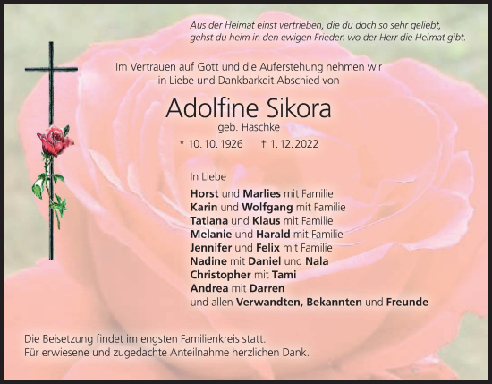 Anzeige von Adolfine Sikora von MGO