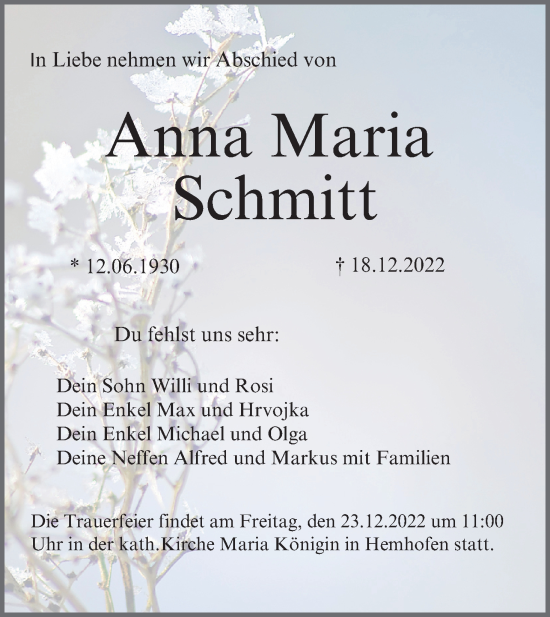 Anzeige von Anna Maria Schmitt von MGO