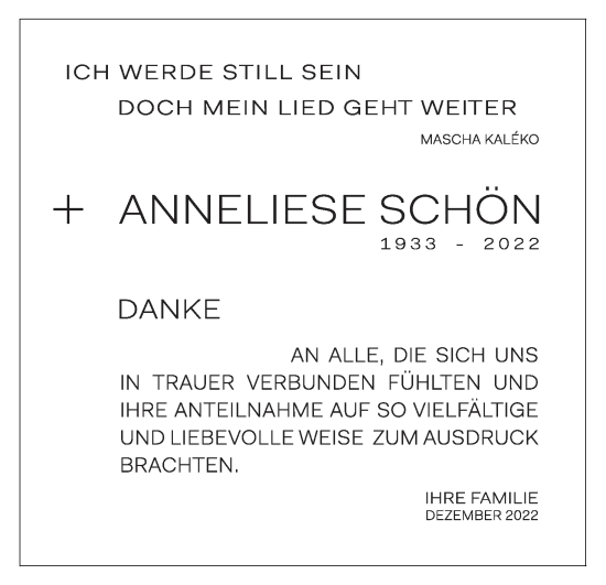 Anzeige von Anneliese Schön von MGO