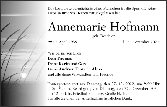 Anzeige von Annemarie Hofmann von MGO