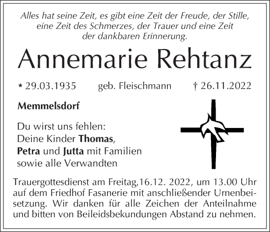 Anzeige von Annemarie Rehtanz von MGO