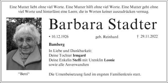 Anzeige von Barbara Stadter von MGO