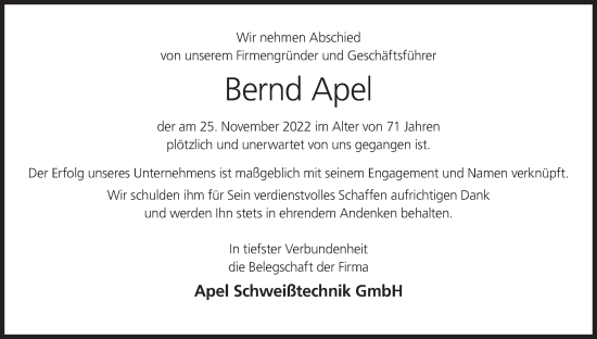 Anzeige von Bernd Apel von MGO