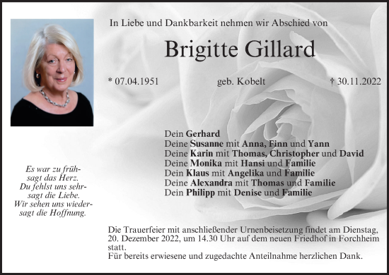 Anzeige von Brigitte Gillard von MGO