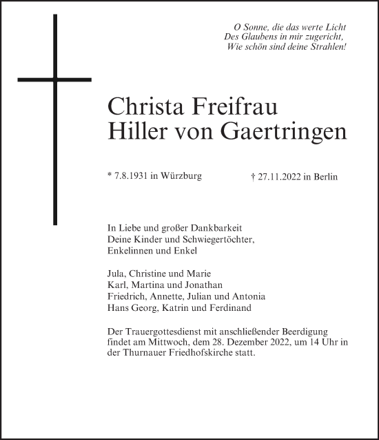 Anzeige von Christa Freifrau Hiller von Gaertringen von MGO