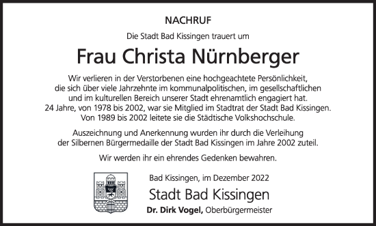 Anzeige von Christa Nürnberger von MGO