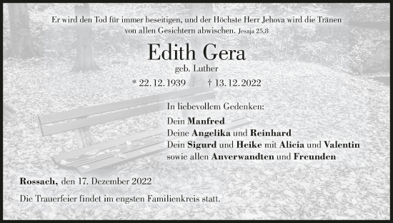 Anzeige von Edith Gera von MGO