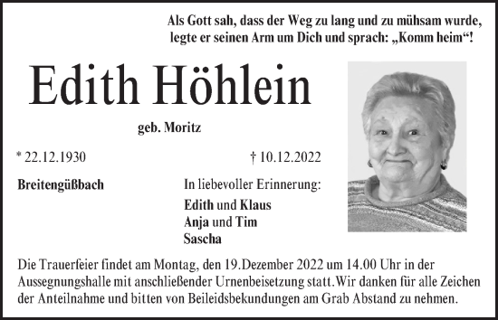 Anzeige von Edith Höhlein von MGO