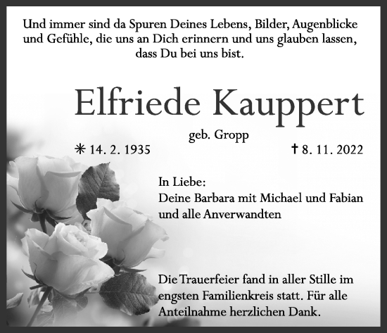 Anzeige von Elfriede Kauppert von MGO