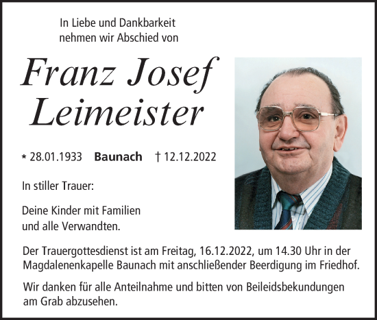 Anzeige von Franz Josef Leimeister von MGO