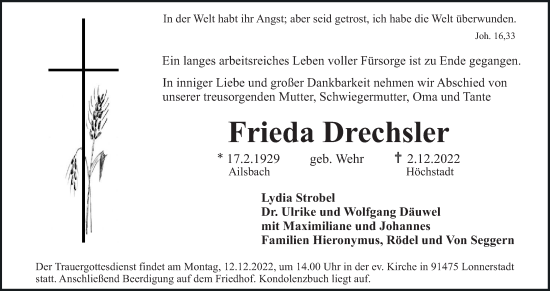 Anzeige von Frieda Drechsler von MGO