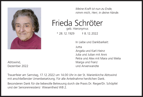 Anzeige von Frieda Schröter von MGO