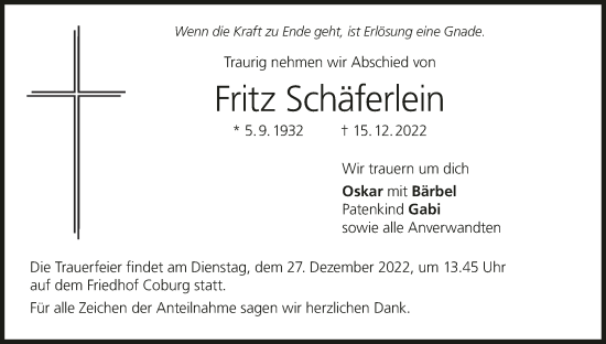 Anzeige von Fritz Schäferlein von MGO