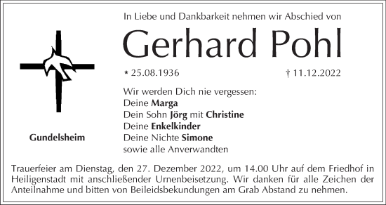 Anzeige von Gerhard Pohl von MGO