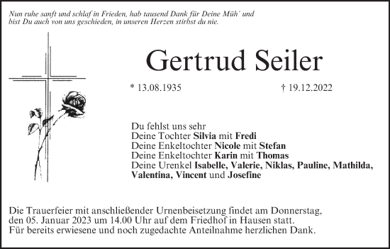 Anzeige von Gertrud Seiler von MGO