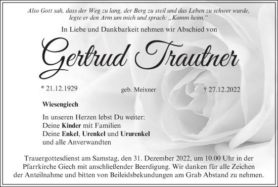 Anzeige von Gertrud Trautner von MGO