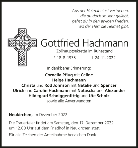 Anzeige von Gottfried Hachmann von MGO