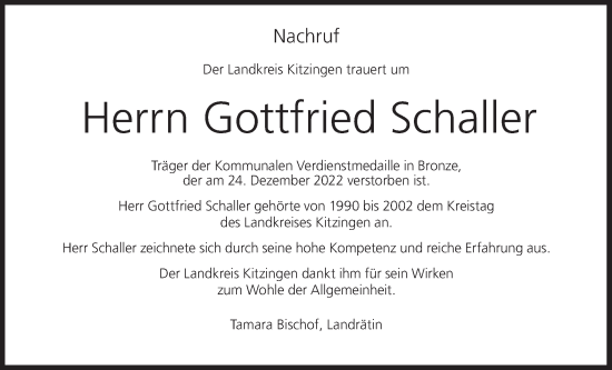 Anzeige von Gottfried Schaller von MGO