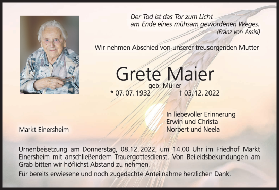 Anzeige von Grete Maier von MGO