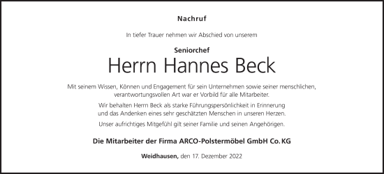 Anzeige von Hannes Beck von MGO