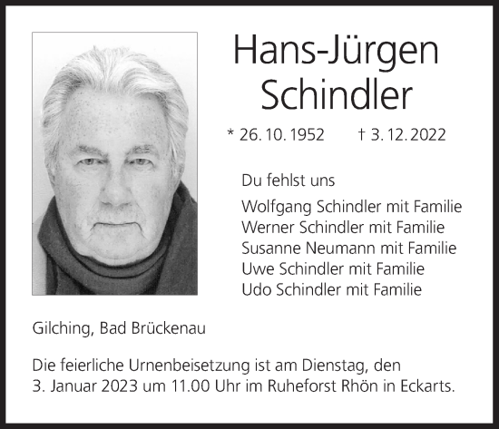 Anzeige von Hans-Jürgen Schindler von MGO