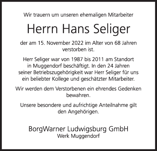 Anzeige von Hans Seliger von MGO