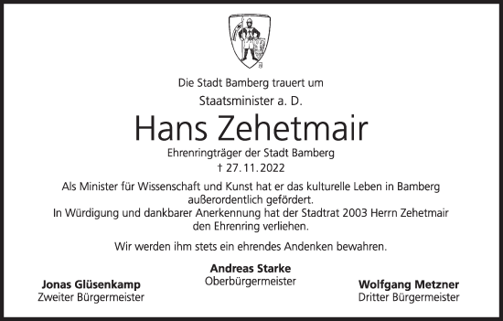 Anzeige von Hans Zehetmair von MGO