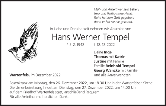 Anzeige von Hans Werner Tempel von MGO
