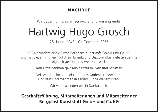 Anzeige von Hartwig Hugo Grosch von MGO