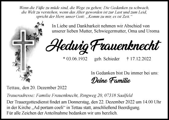 Anzeige von Hedwig Frauenknecht von MGO
