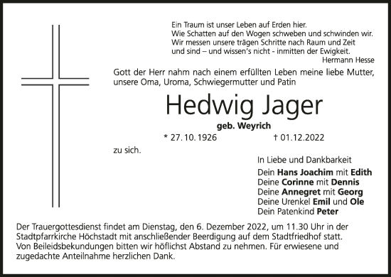 Anzeige von Hedwig Jager von MGO