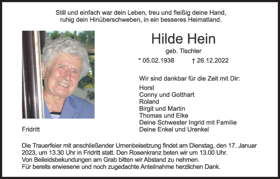 Anzeige von Hilde Hein von MGO