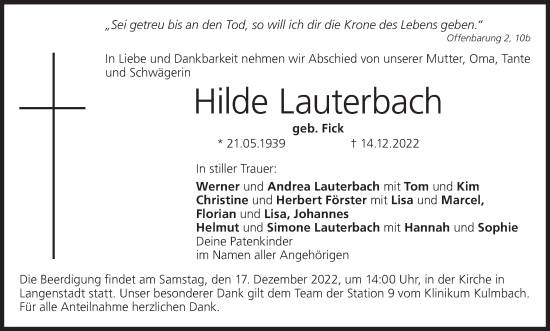 Anzeige von Hilde Lauterbach von MGO